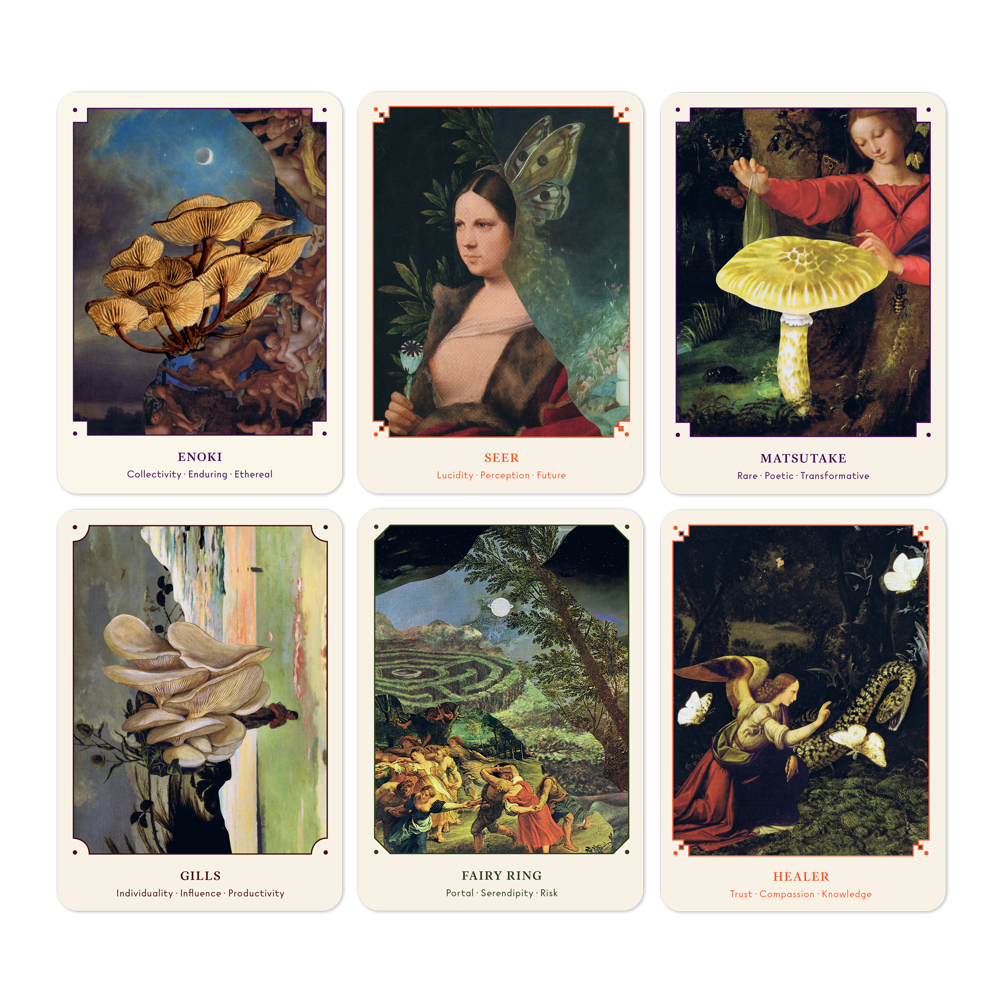 Oracle card deck with six mushroom-themed cards, white frames, and character portraits