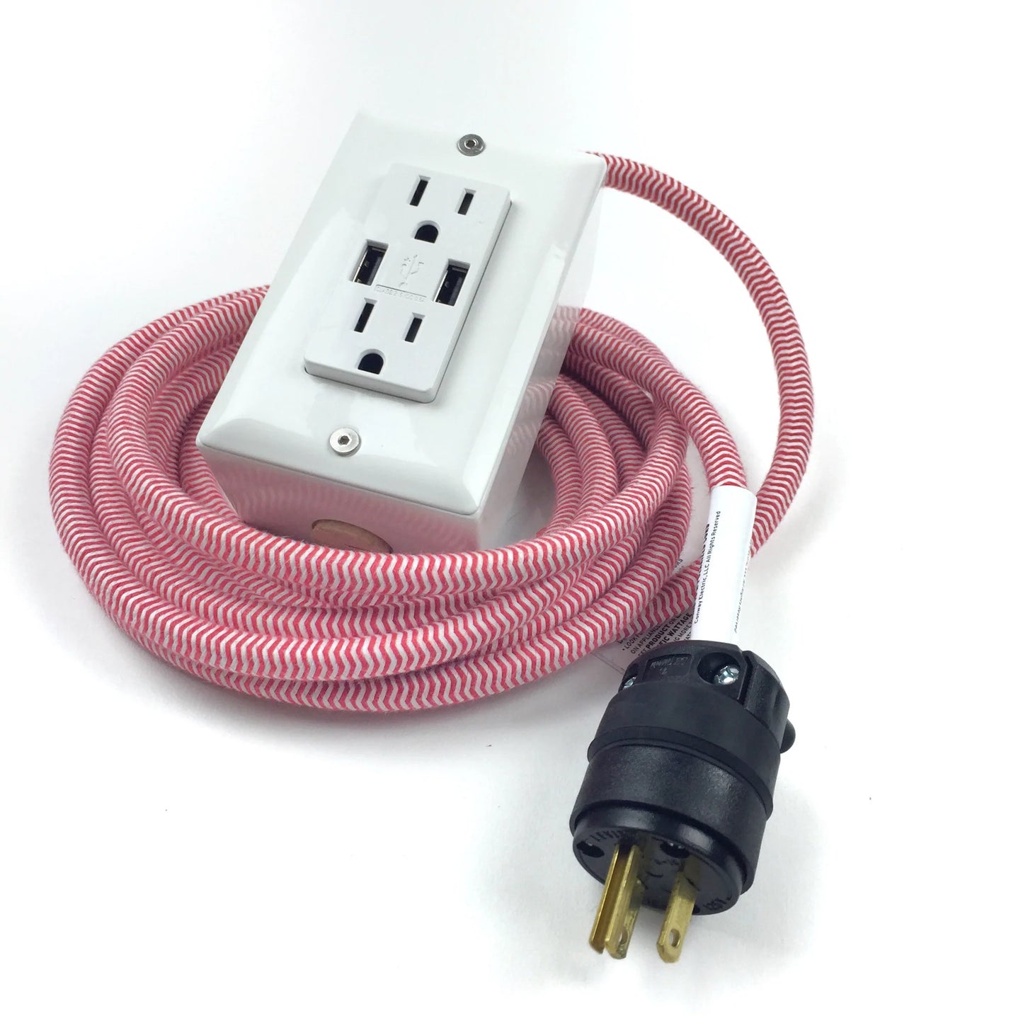 Dual outlet power cord with red-and-white braided cable and white outlet box