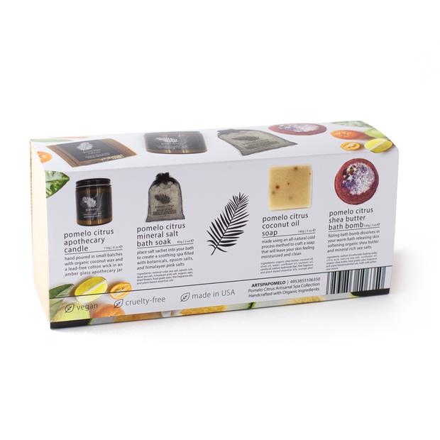 Spa collection gift box back panel with product photos, icons, and ingredient details