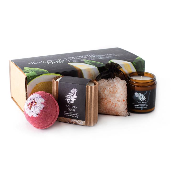 Spa gift set in kraft box with pomelo citrus candle jar, bath bomb, and bath soak pouch