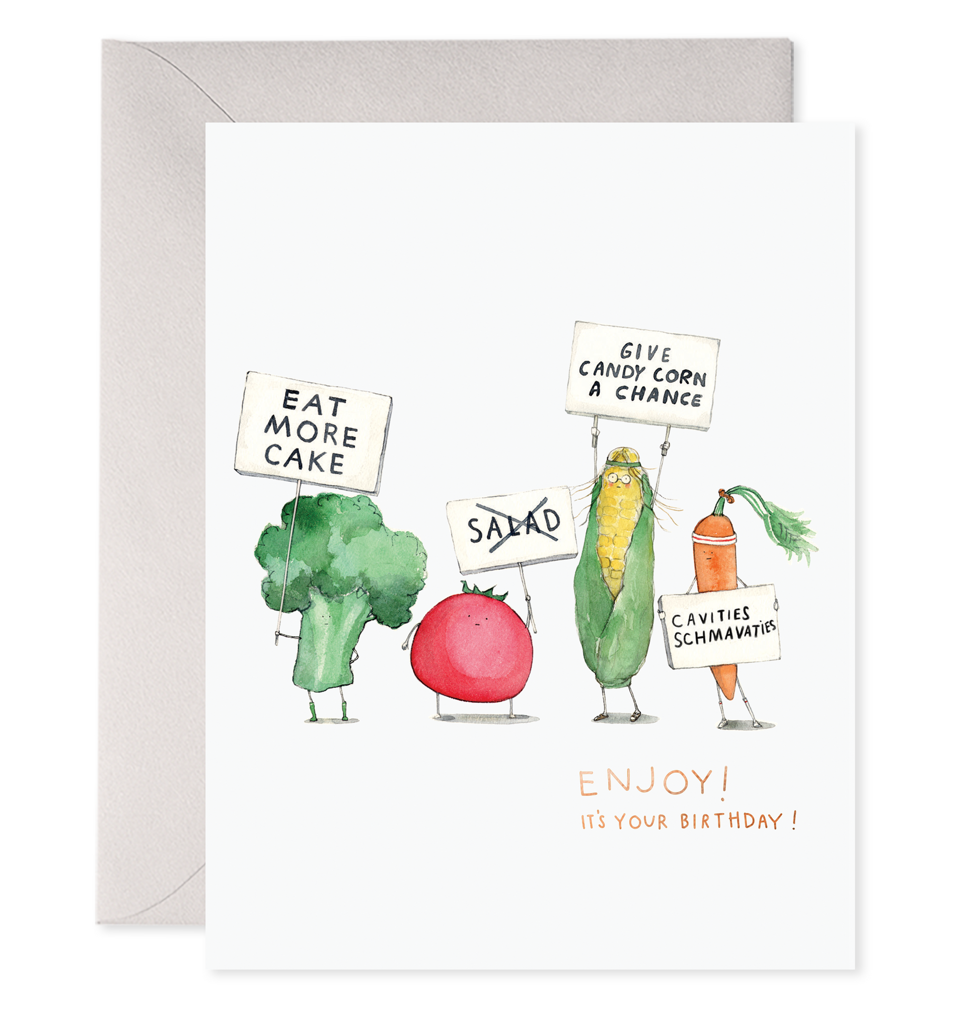Veggie cartoon birthday greeting card with four characters holding signs and “Enjoy!”
