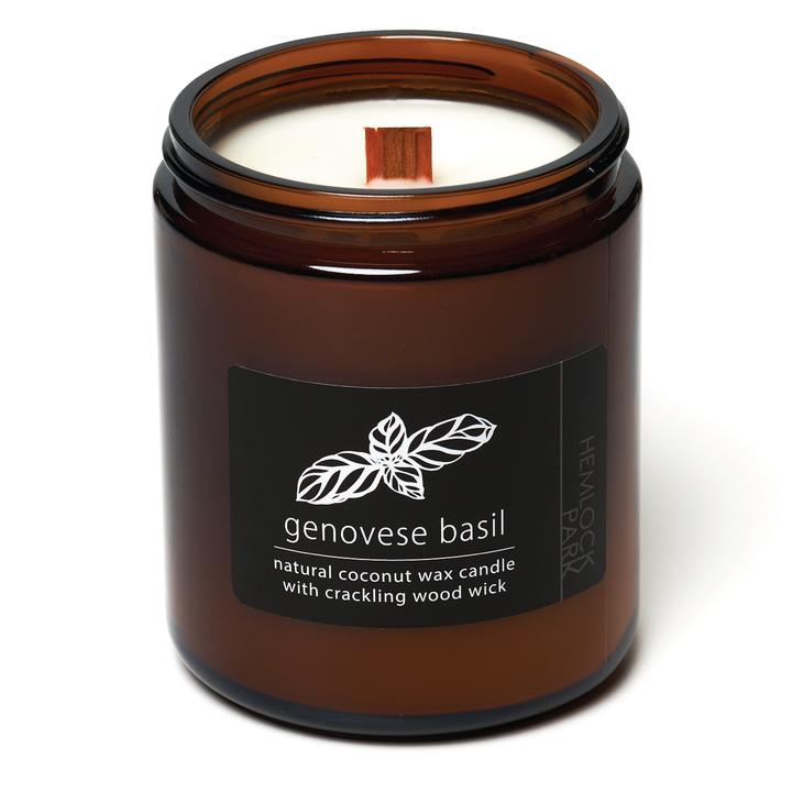 Coconut wax candle jar, genovese basil scent, with crackling wood wick