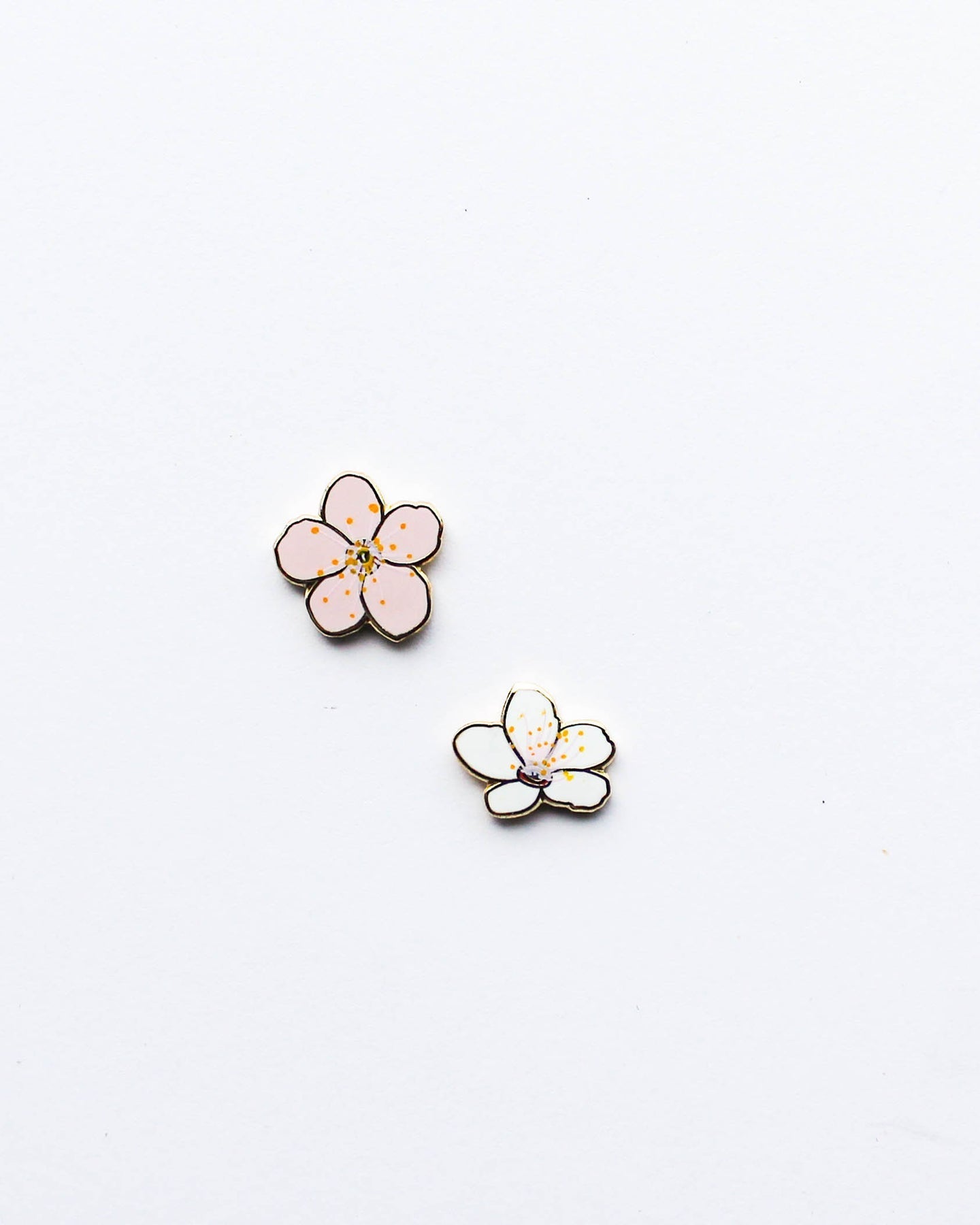 Cherry blossom enamel pin set with two flower pins, pastel pink and gold accents