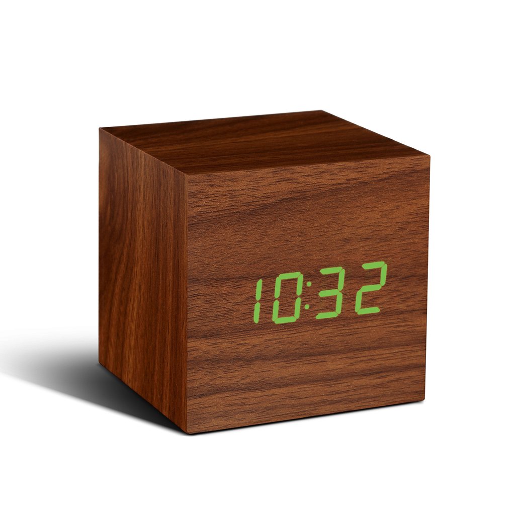 Walnut wood cube click clock with green LED time display