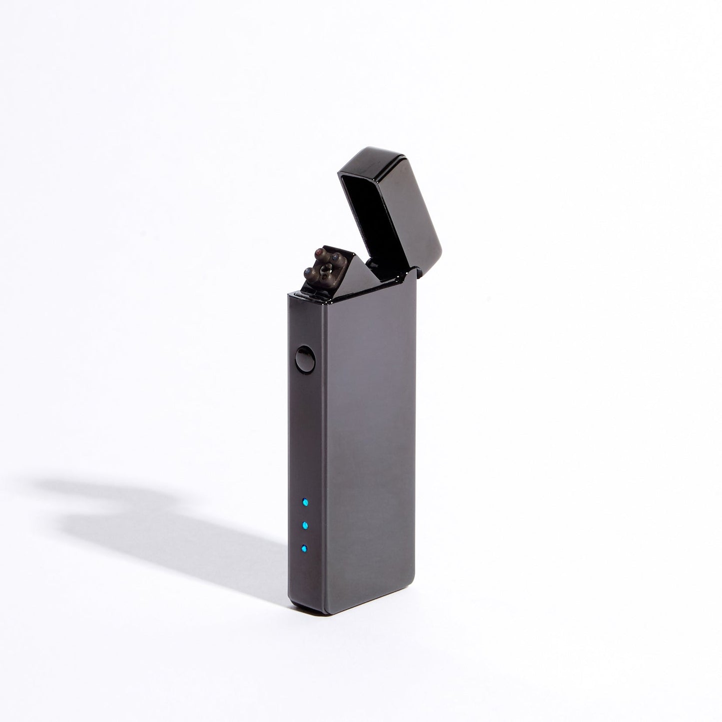Dark gray slim USB rechargeable double-arc lighter with open flip top and blue dots
