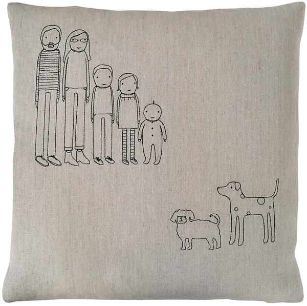 Light gray family line-drawing throw pillow, 18 in square