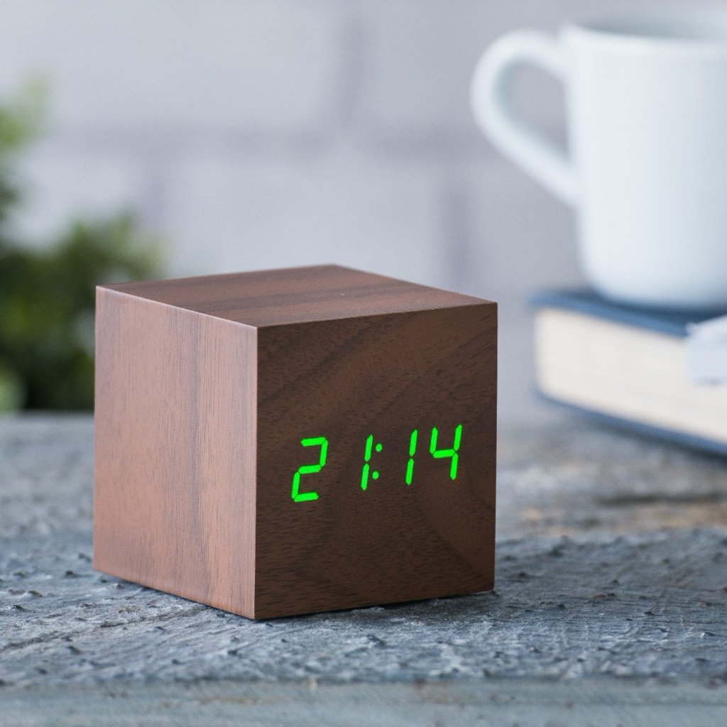 Walnut cube click clock with green LED reading 2:14