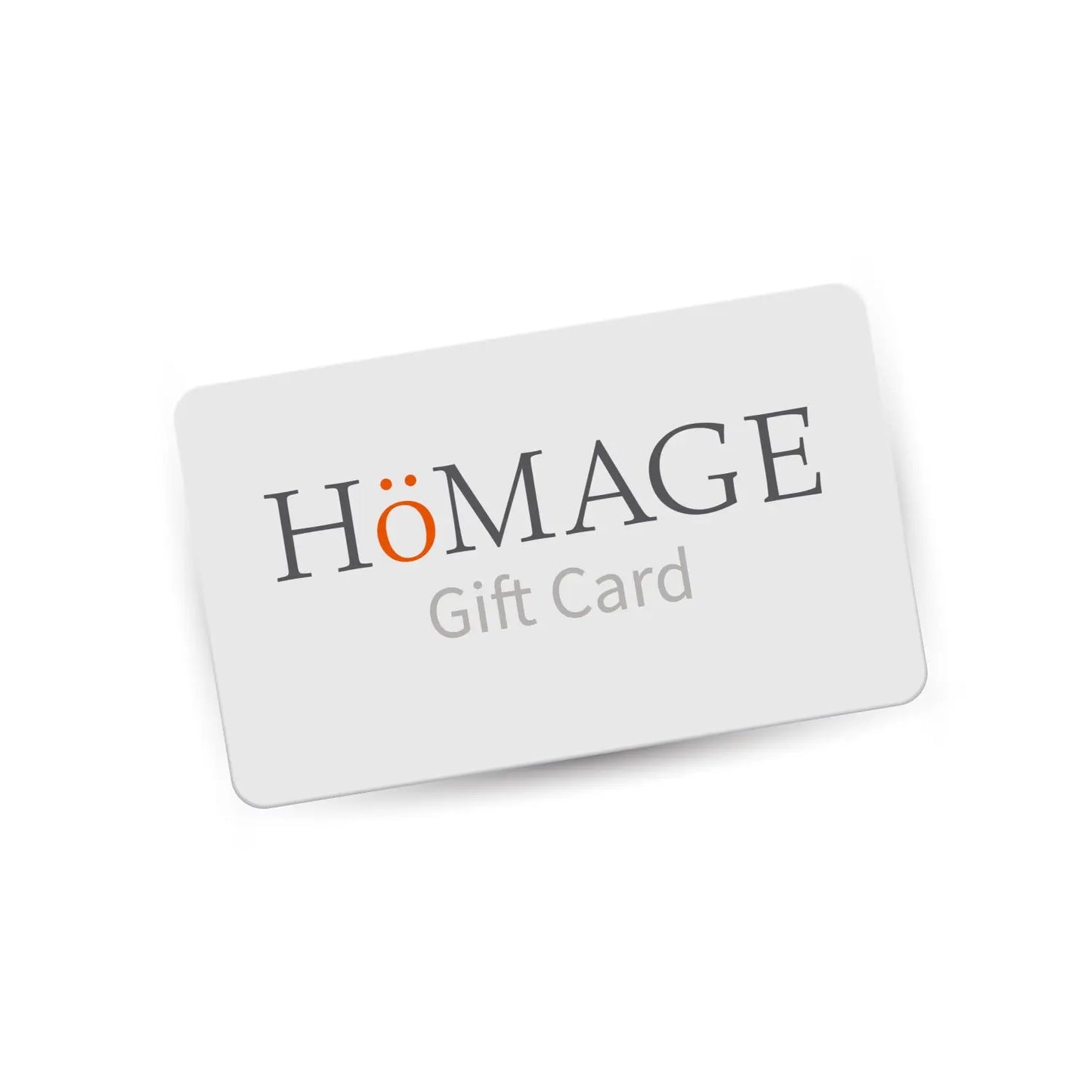 HÖMAGE gift card with gray logo on a white card