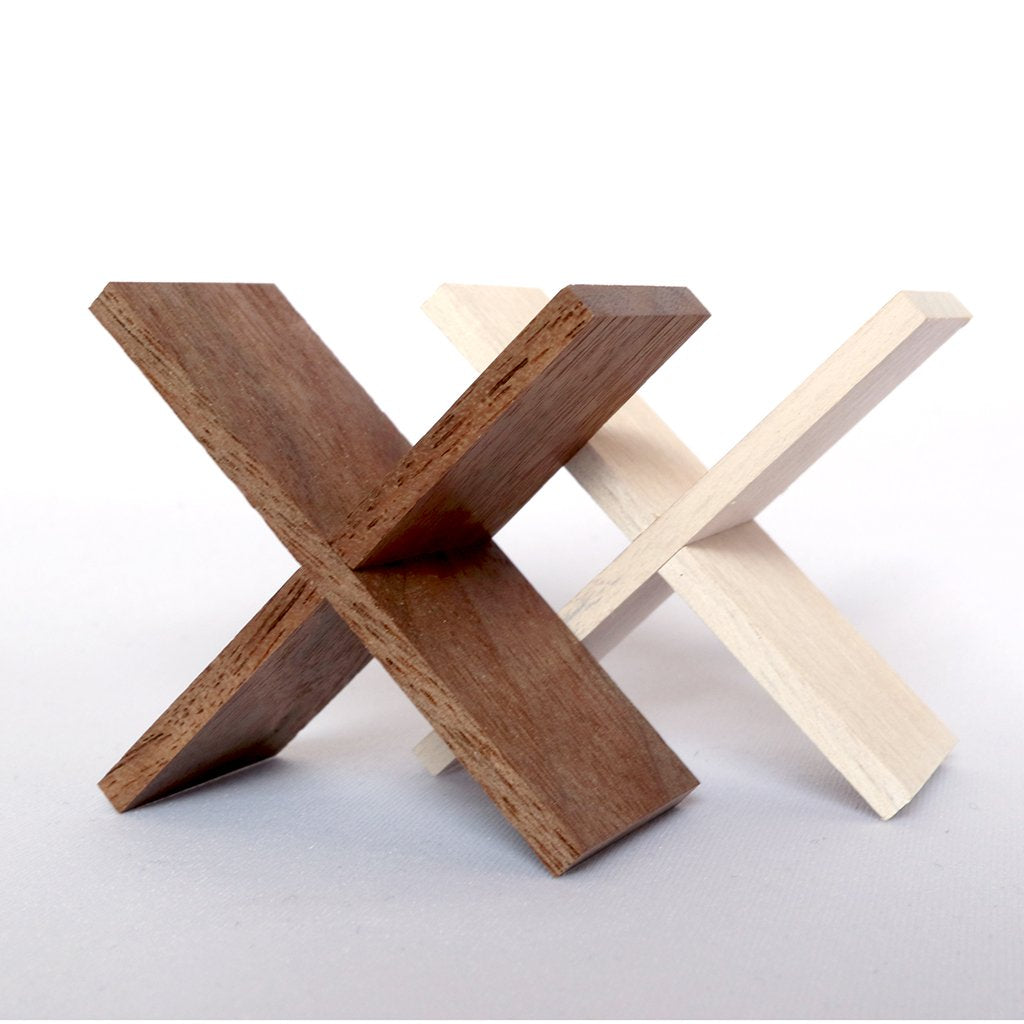 Wood square cube stand with crossed legs in dark brown and light wood