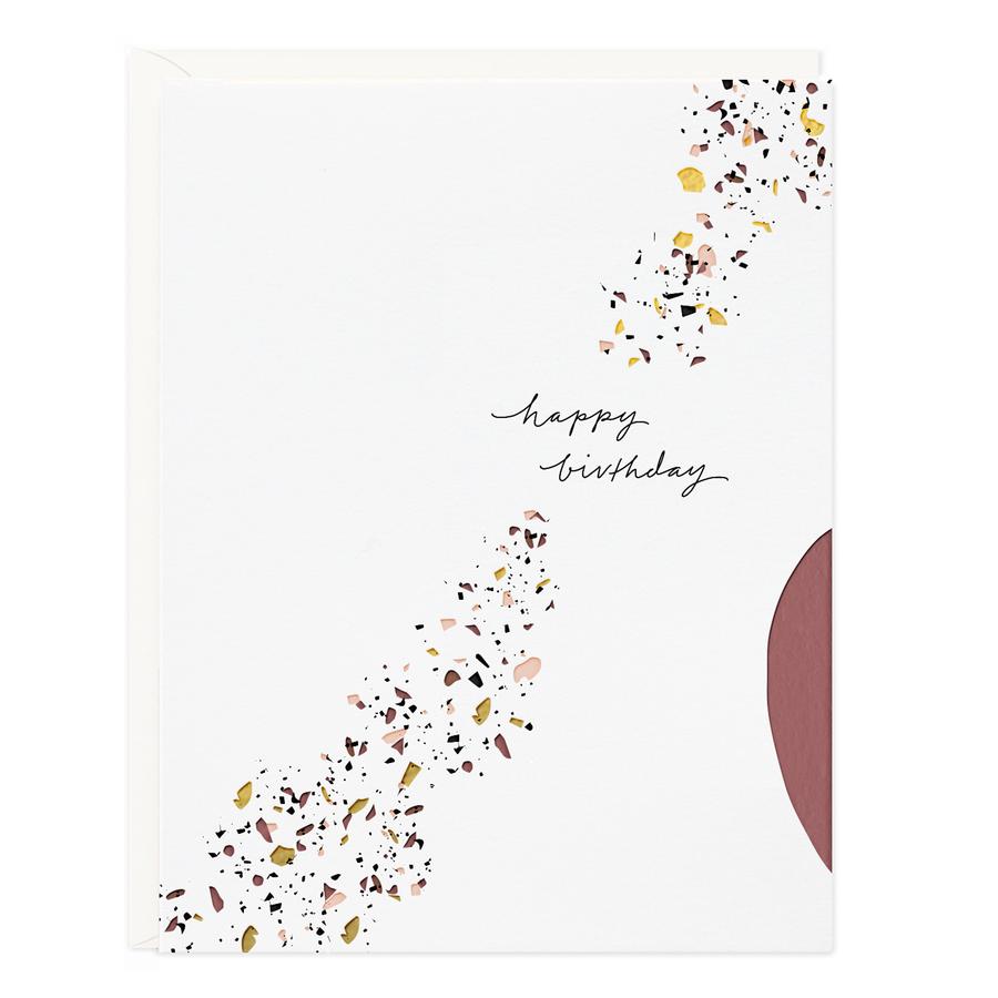 Birthday terrazzo greeting card with confetti speckles and 'happy birthday' text