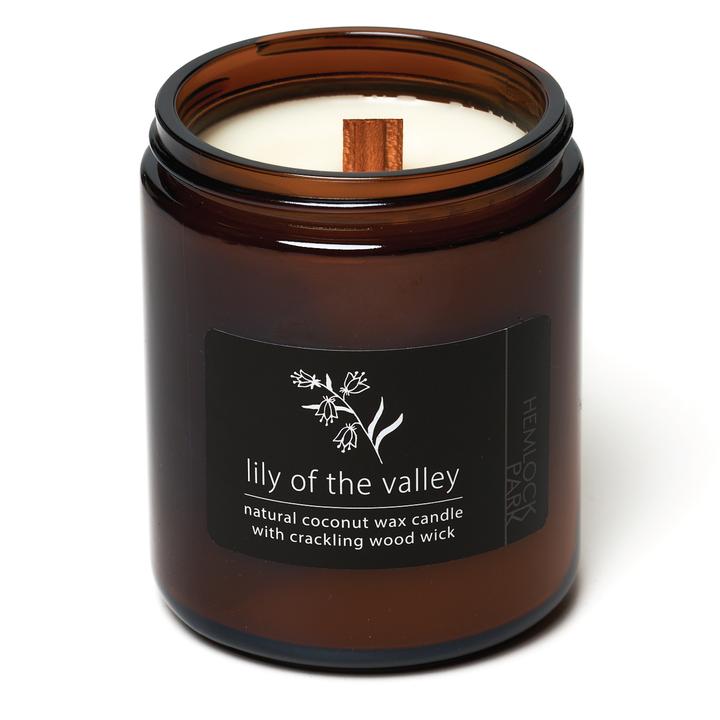 Coconut wax candle jar, lily of the valley scent, with crackling wood wick
