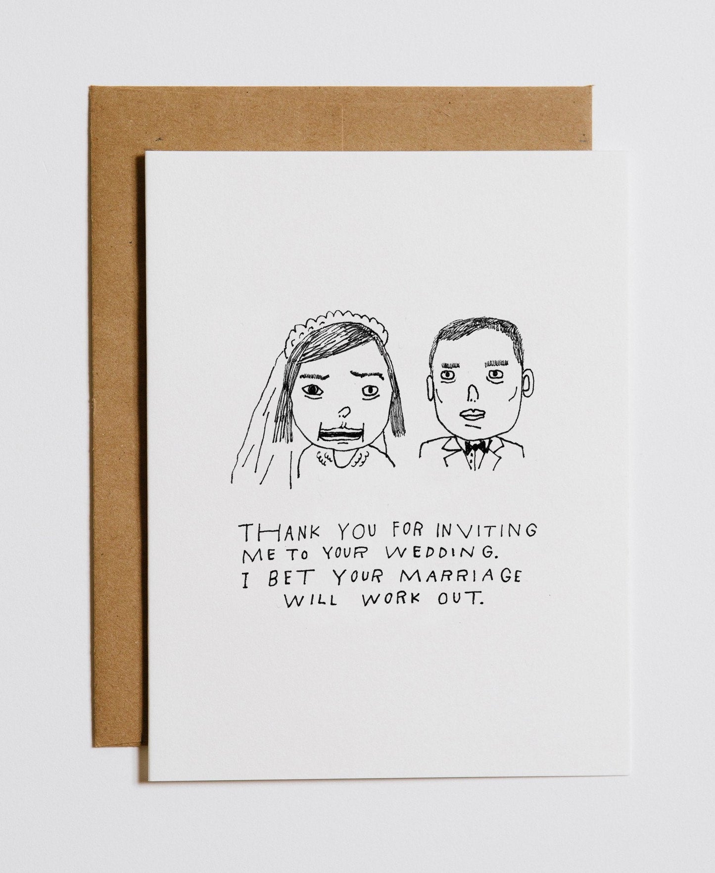 Greeting card with illustrated bride and groom and 'Marriage will work' text