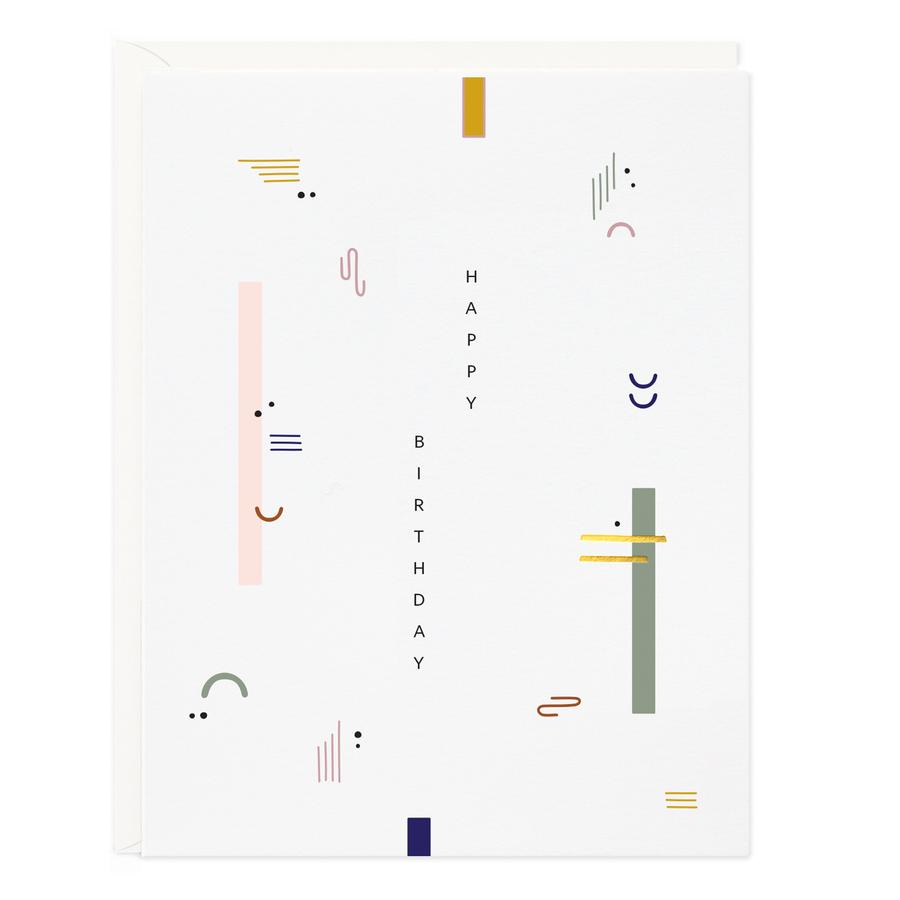Birthday card with white front and colorful abstract line, hook, and U-shaped icons