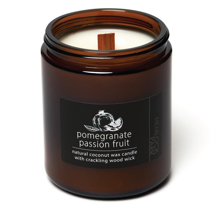 Coconut wax candle jar, pomegranate passion fruit scent, with crackling wood wick