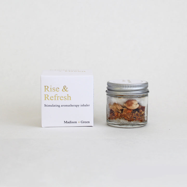 Aromatherapy inhaler set: Rise & Refresh box and small glass jar