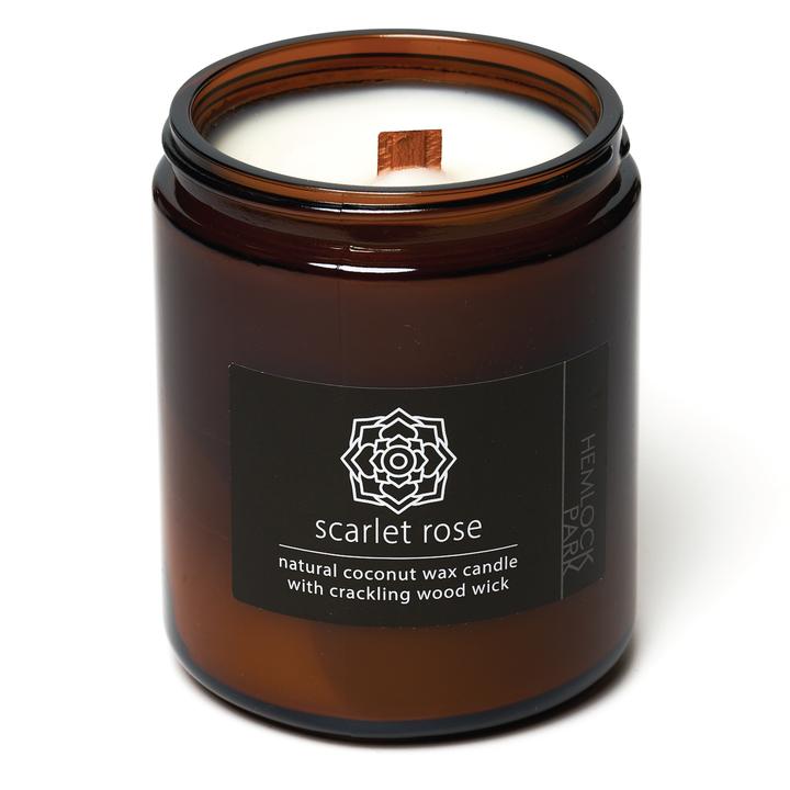 Organic coconut wax candle in amber jar, scarlet rose label, wood wick