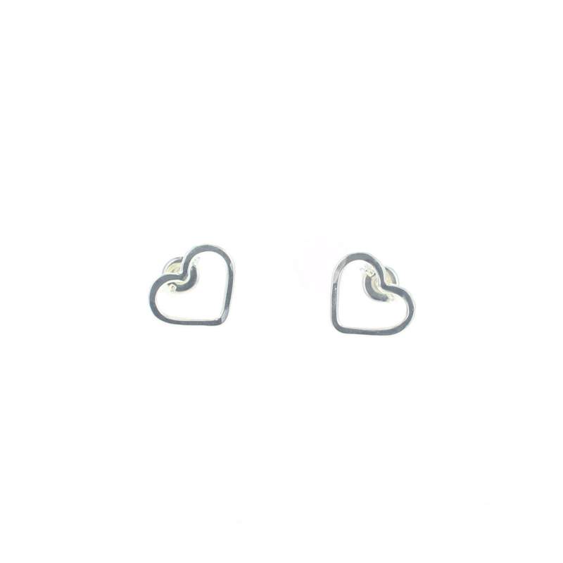 Silver heart-shaped stud earrings with curved outline and small inner detail