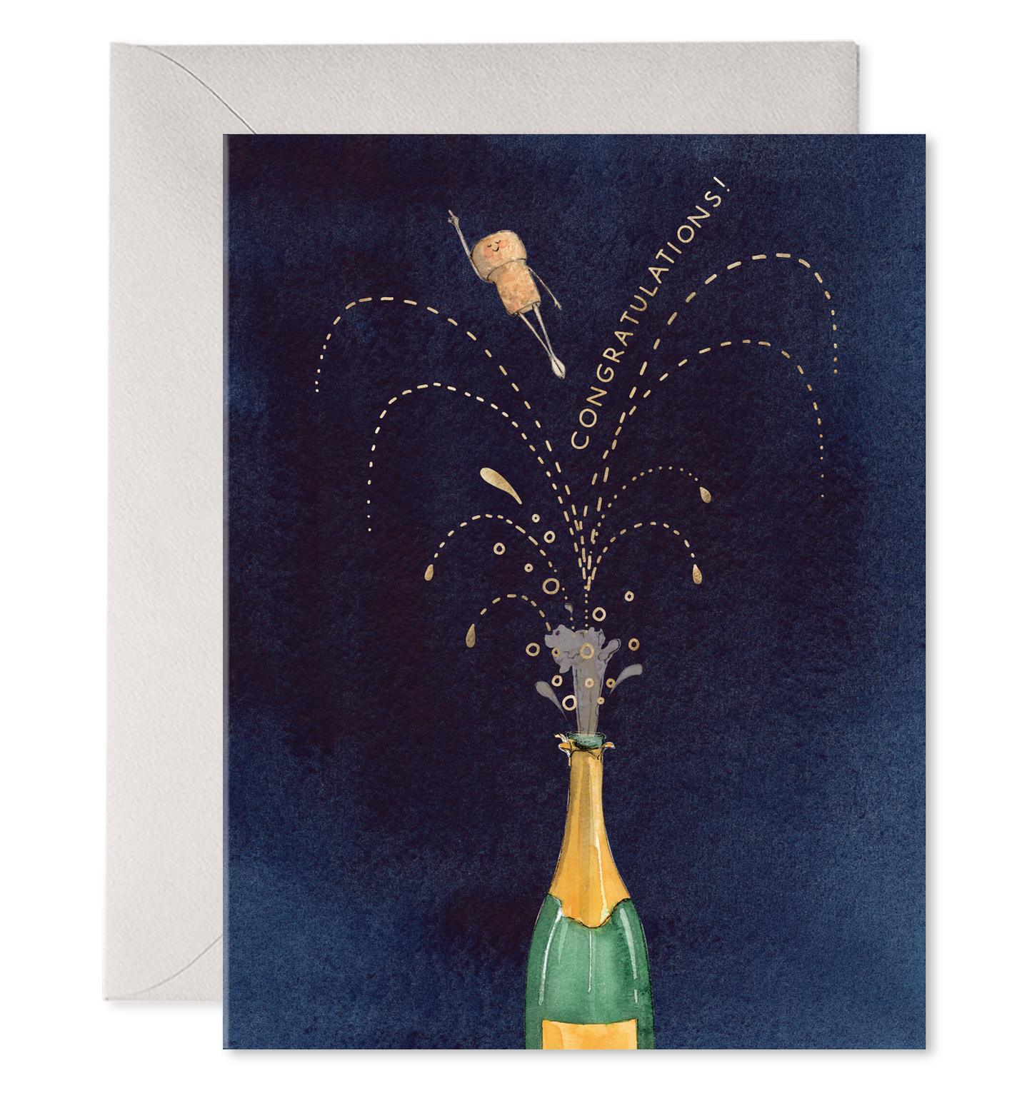 Congratulation greeting card with navy design, champagne bottle, and 'CONGRATULATIONS' text