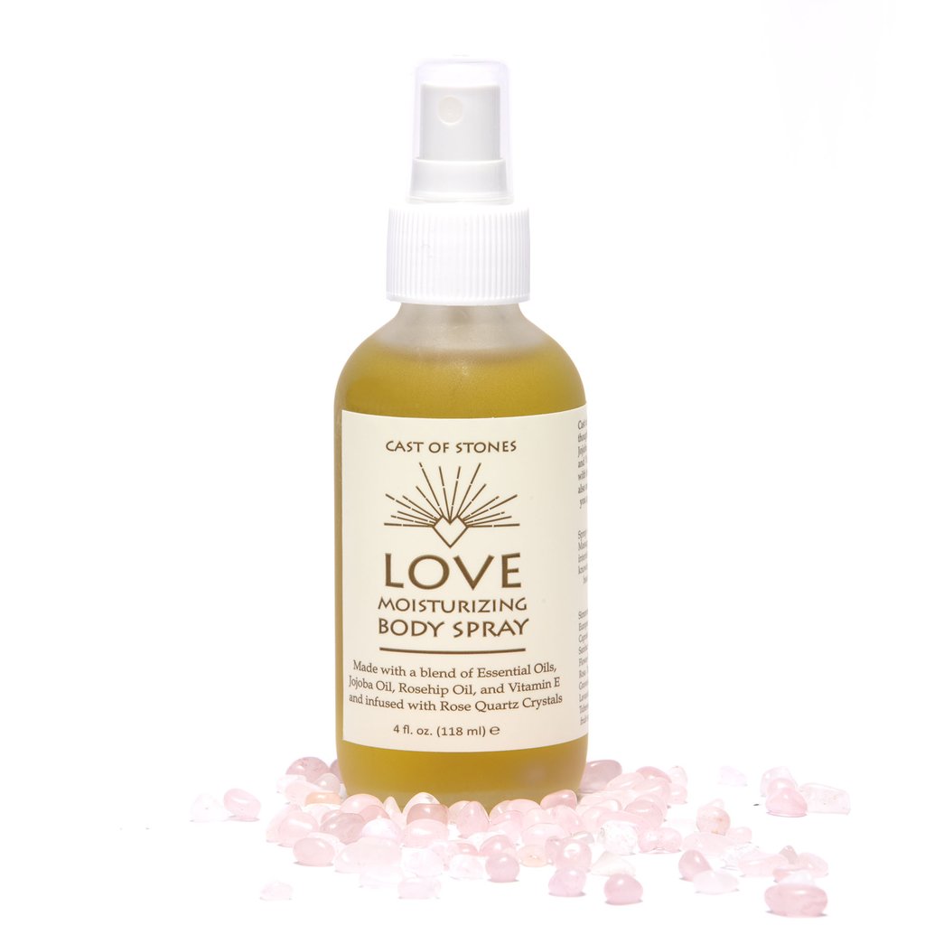 Love moisturizing body spray bottle with rose quartz crystals, 4 fl oz