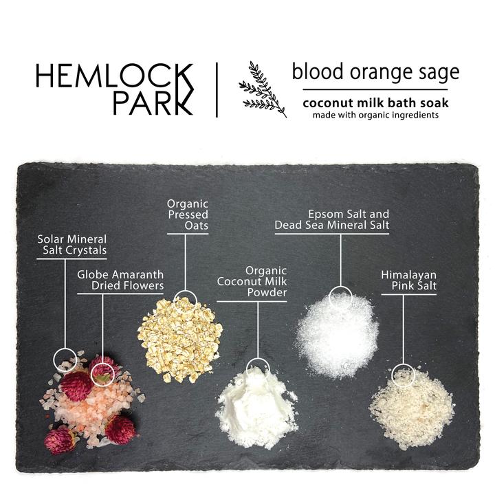Bath soak ingredient chart with labels on slate card
