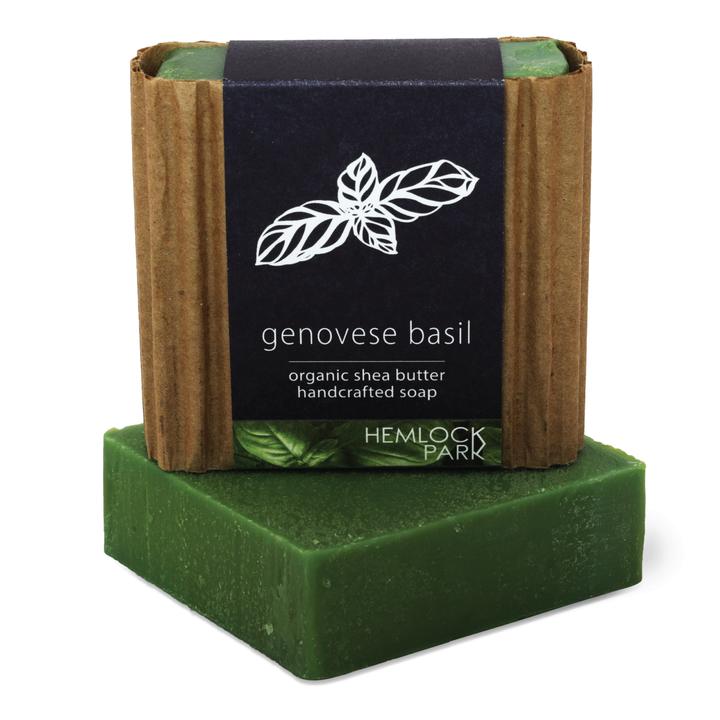 Organic shea butter soap, genovese basil, green bar with kraft wrap and label.