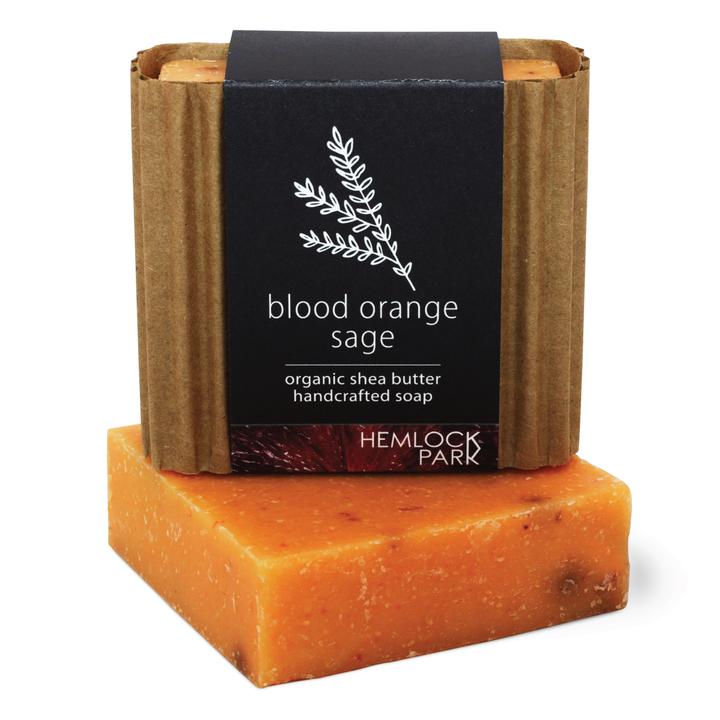 Organic shea butter soap, blood orange sage, orange bar with kraft wrap and label.
