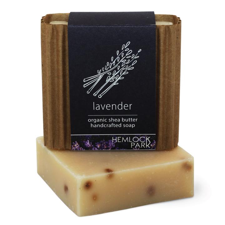 Organic shea butter soap, lavender, cream bar with kraft wrap and label.