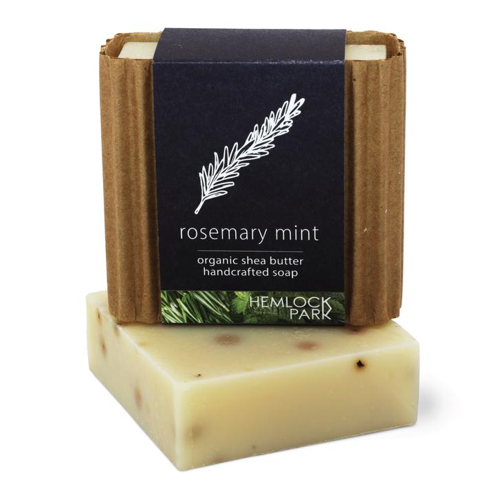 Organic shea butter soap, rosemary mint, cream bar with herb specks, kraft wrap label.