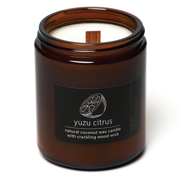 Coconut wax candle jar, yuzu citrus scent, with crackling wood wick
