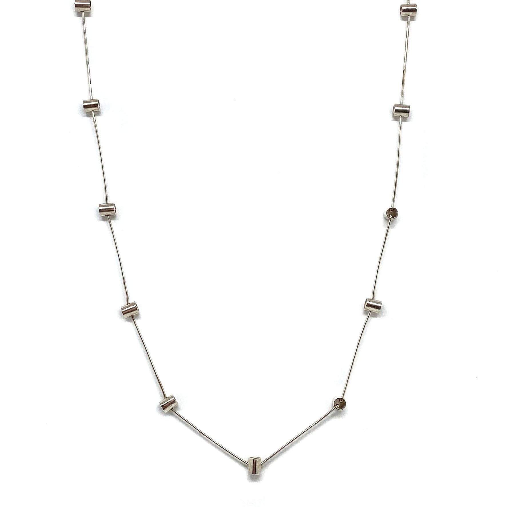 Sterling silver pivot necklace with geometric square bar links and round beads