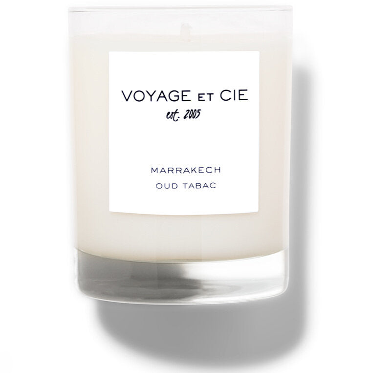 Highball 14oz candle in clear glass labeled Marrakech Oud Tabac