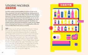 Book spread page with Vending Machines header and illustrated drink and snack panels