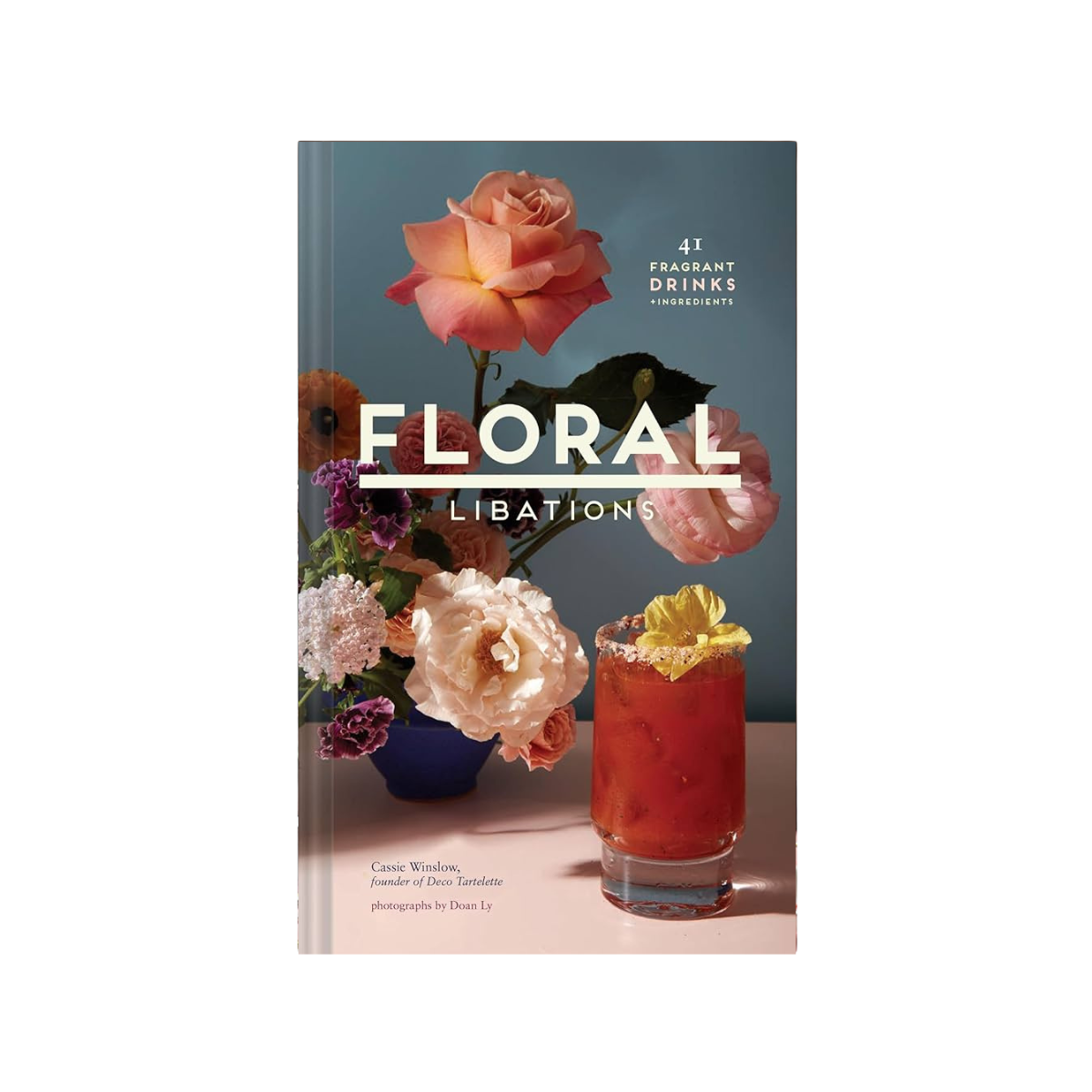 Floral Libations hardcover book cover with floral bouquet and red drink illustration.