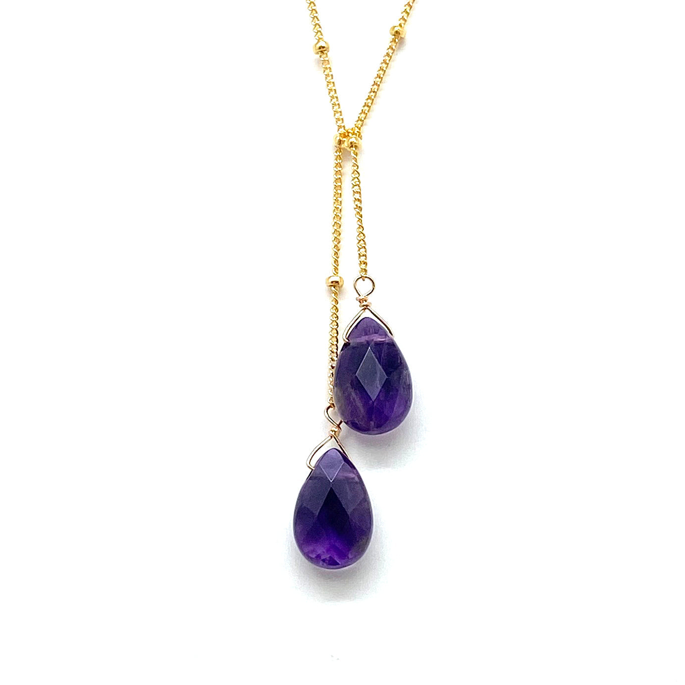 Gold-filled lariat necklace with two deep purple teardrop stone drops