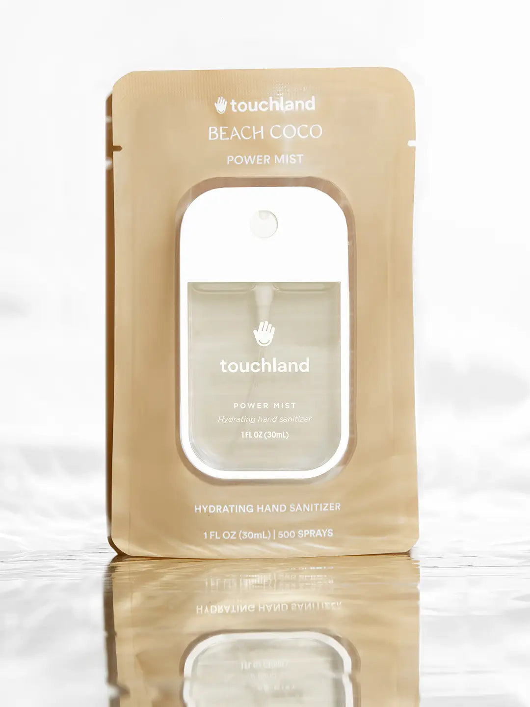 touchland Power Mist hydrating hand sanitizer pouch labeled BEACH COCO in tan case