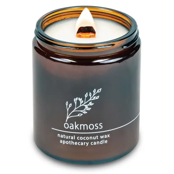 Organic coconut wax candle in amber jar, oakmoss label, wood wick