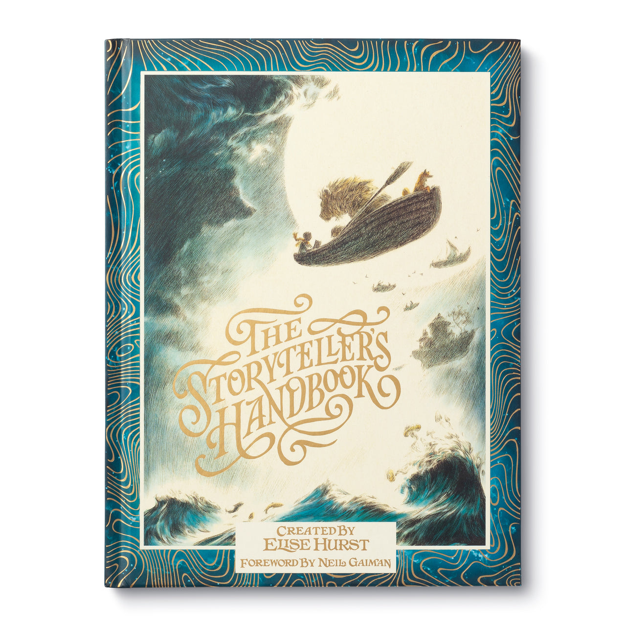 Hardcover book with teal swirly border and illustrated title page