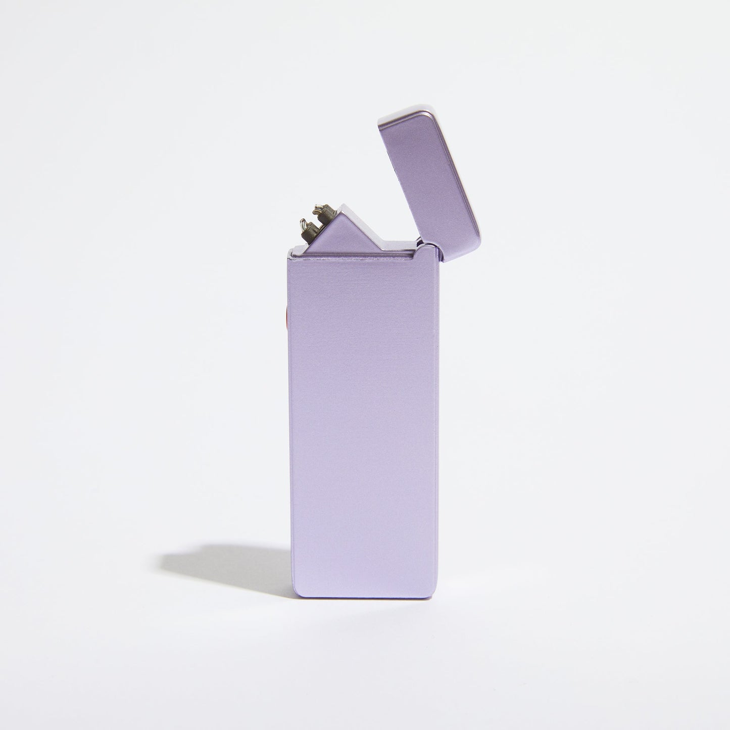 Slim USB lighter in light purple matte finish with flip-top open and ignition parts visible.