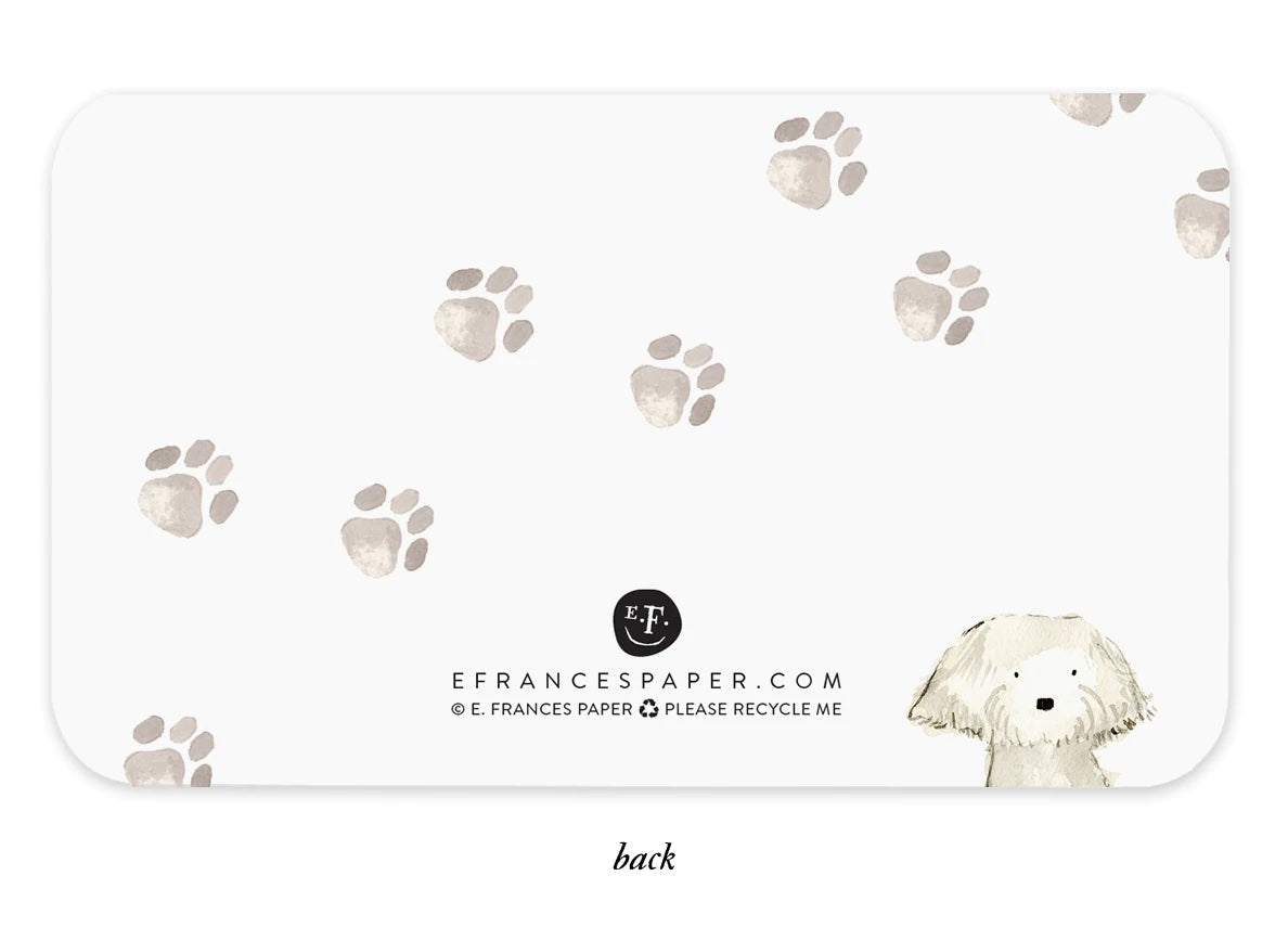 Dog-themed note pad back with paw prints and E.F. FrancesPaper logo