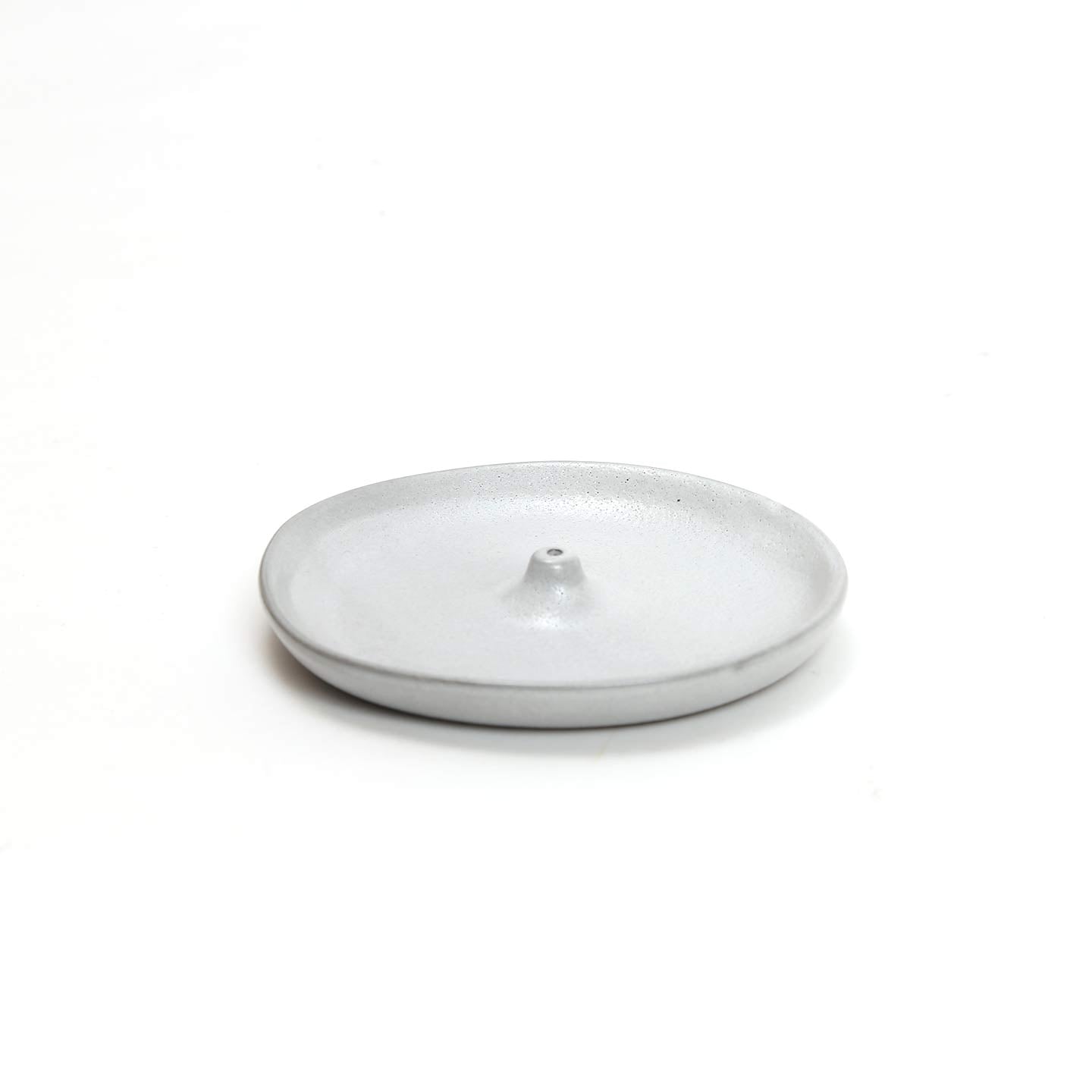 Ceramic incense holder dish, shallow round tray with central wick holder peg