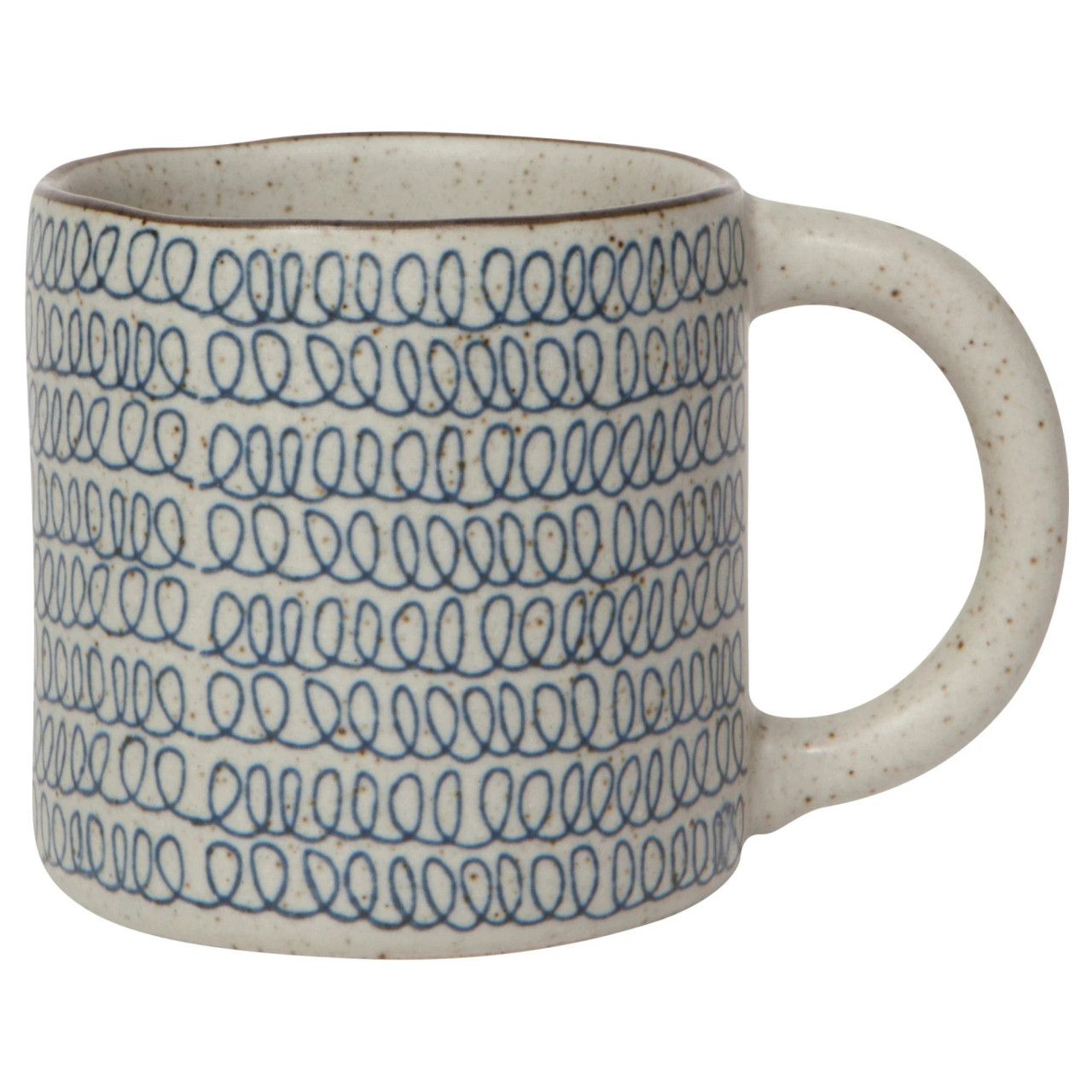 Element mug with blue scribble pattern on speckled beige ceramic
