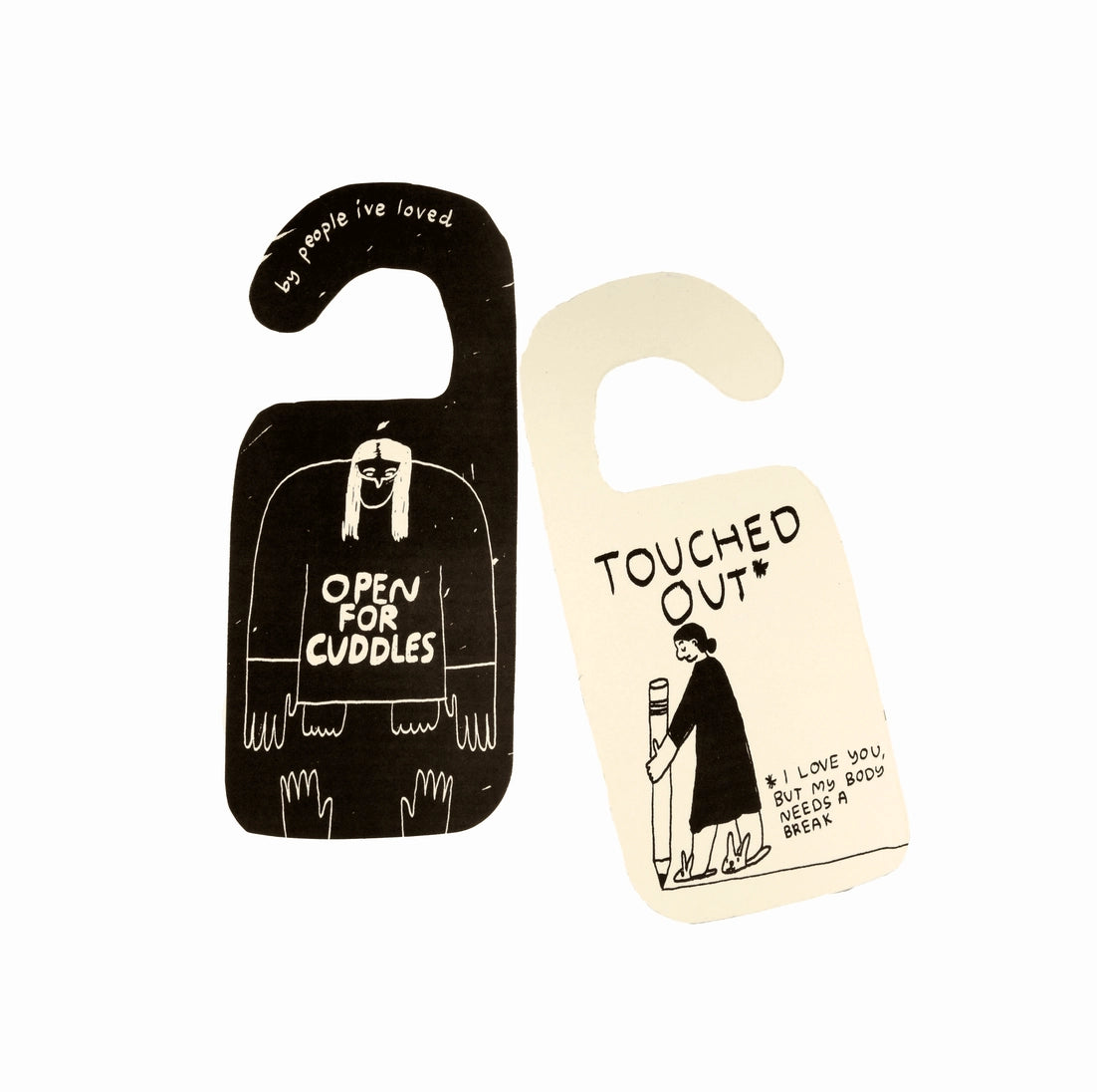 Set of two door hangers, black and cream with doodle text and hanging hook