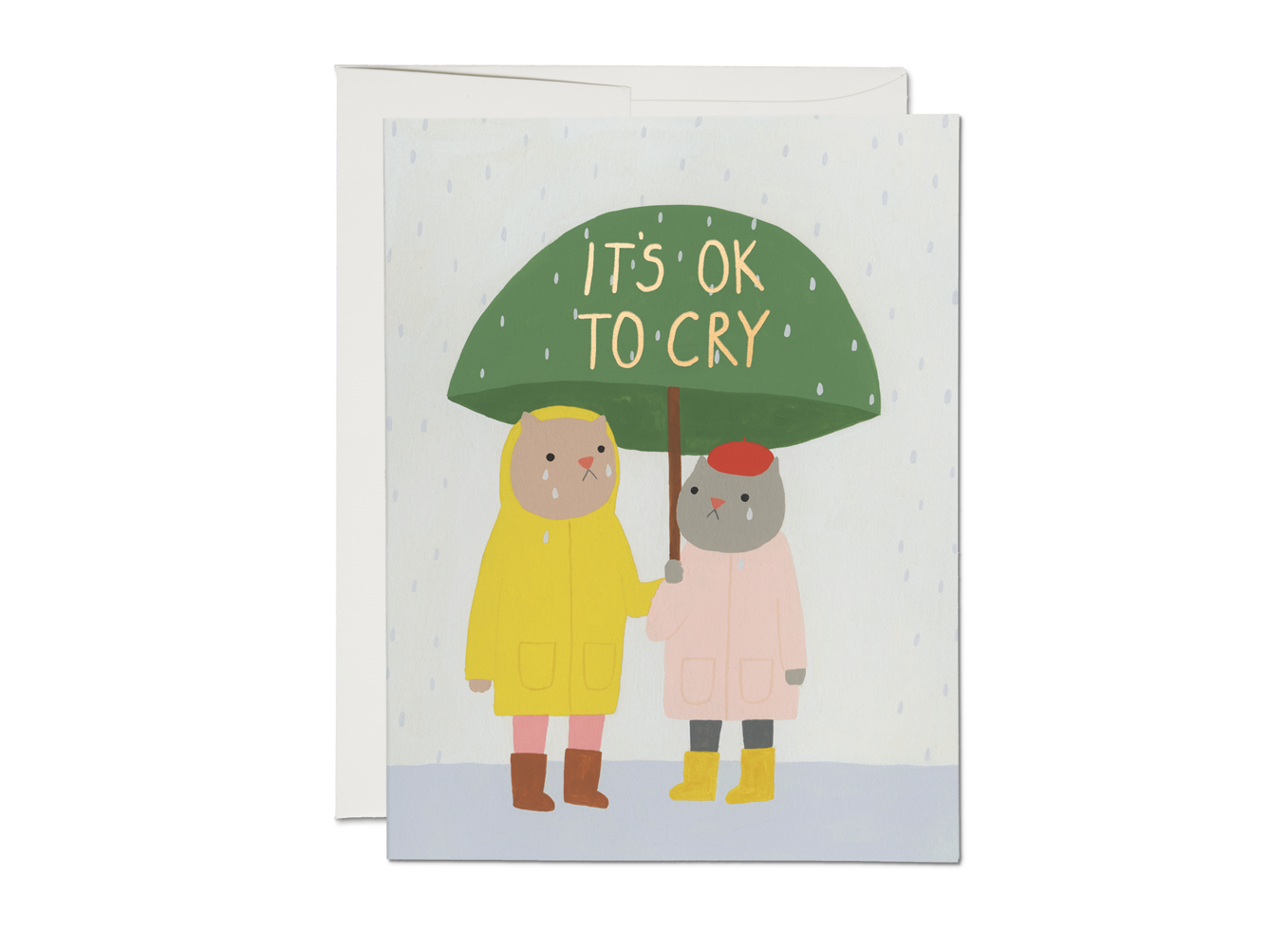 Encouragement card with two kids under umbrella, message 'IT'S OK TO CRY'