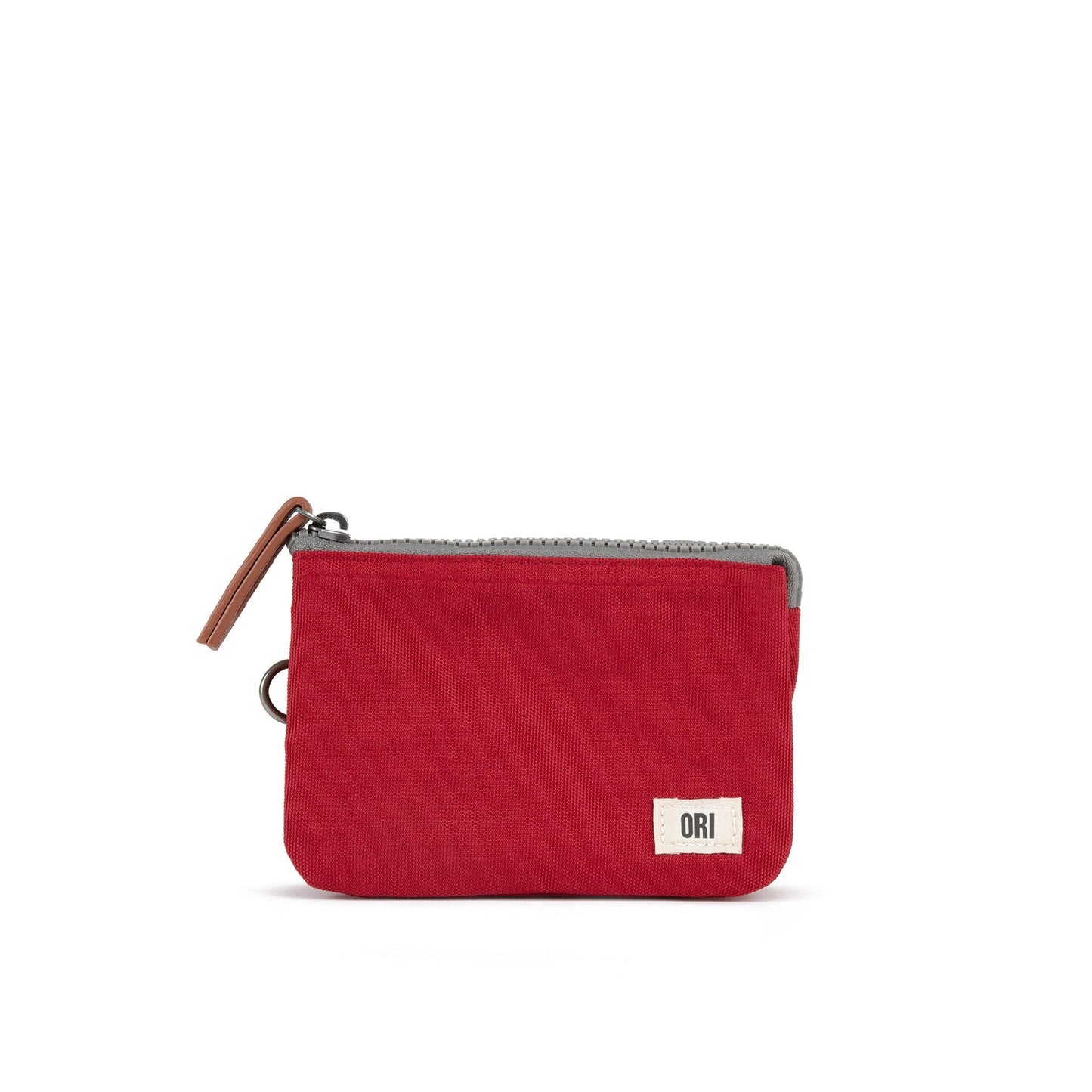 Small recycled canvas zipper pouch, red with ring pull and leather-look zipper tab