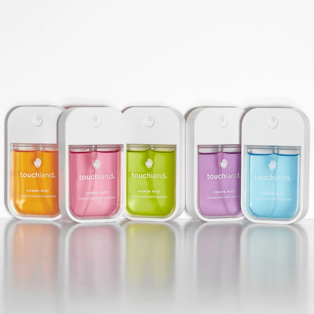Assorted touchland Power Mist hydrating hand sanitizer pouches in multiple colors