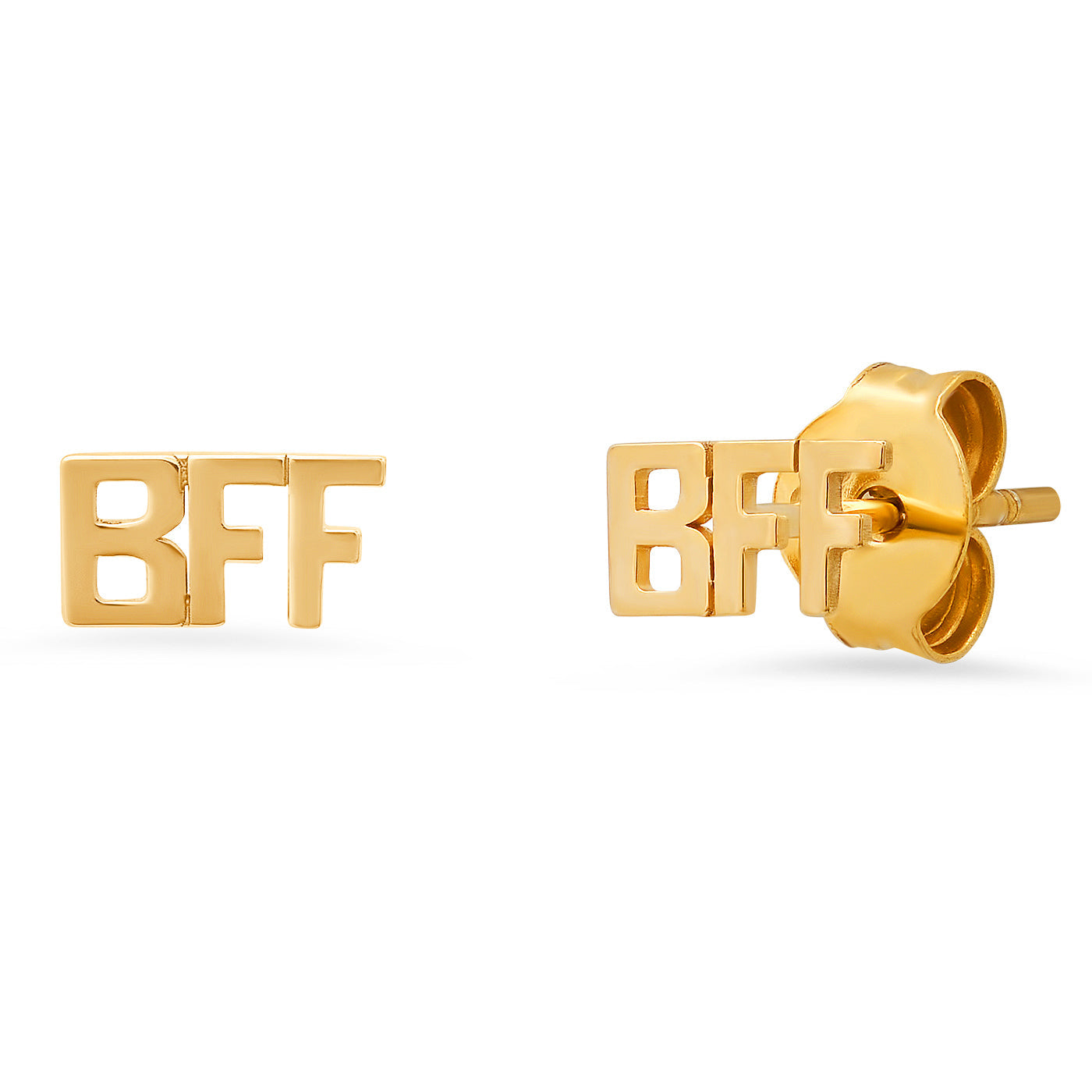 Gold vermeil BFF stud earrings with rectangular block letters, butterfly back