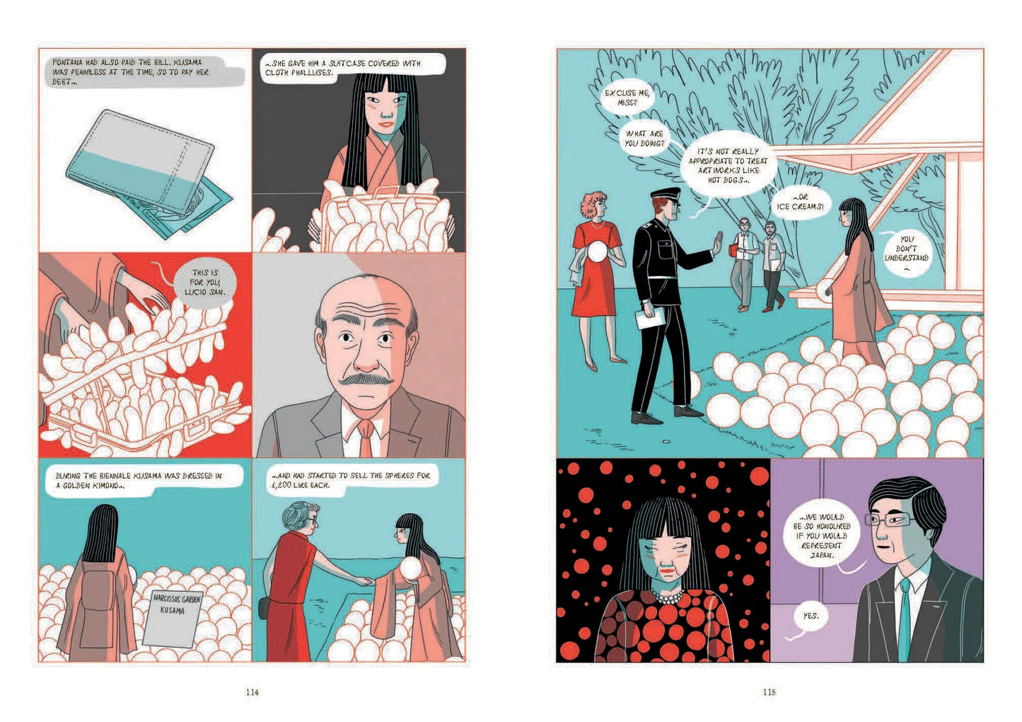 Two-page comic spread with illustrated panels and a character in black outfit