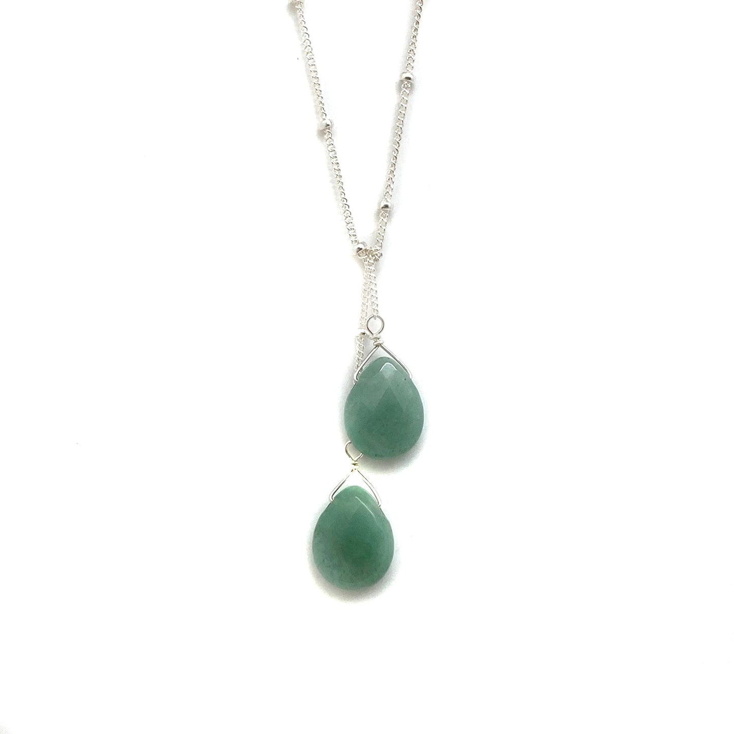 Sterling silver lariat necklace with two emerald green teardrop stones