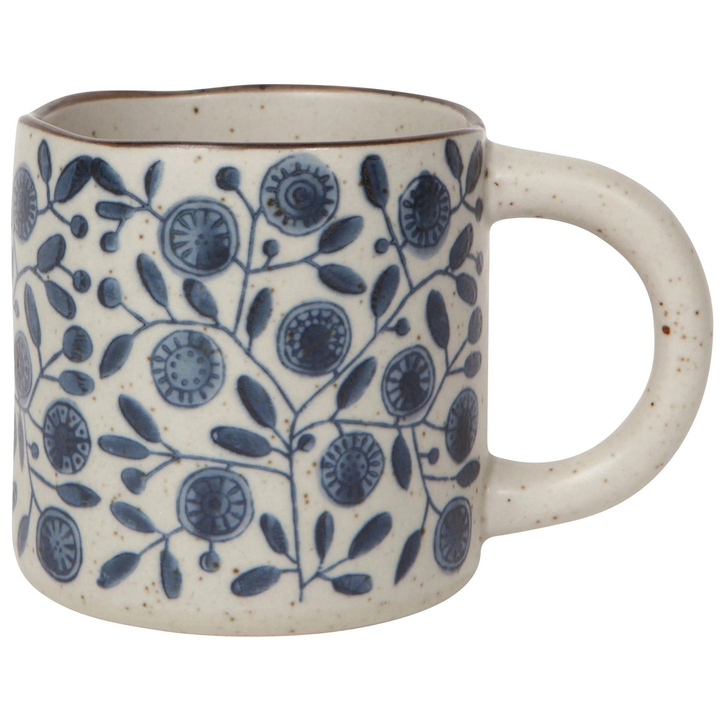 Ceramic mug with speckled cream finish and blue floral and circle pattern
