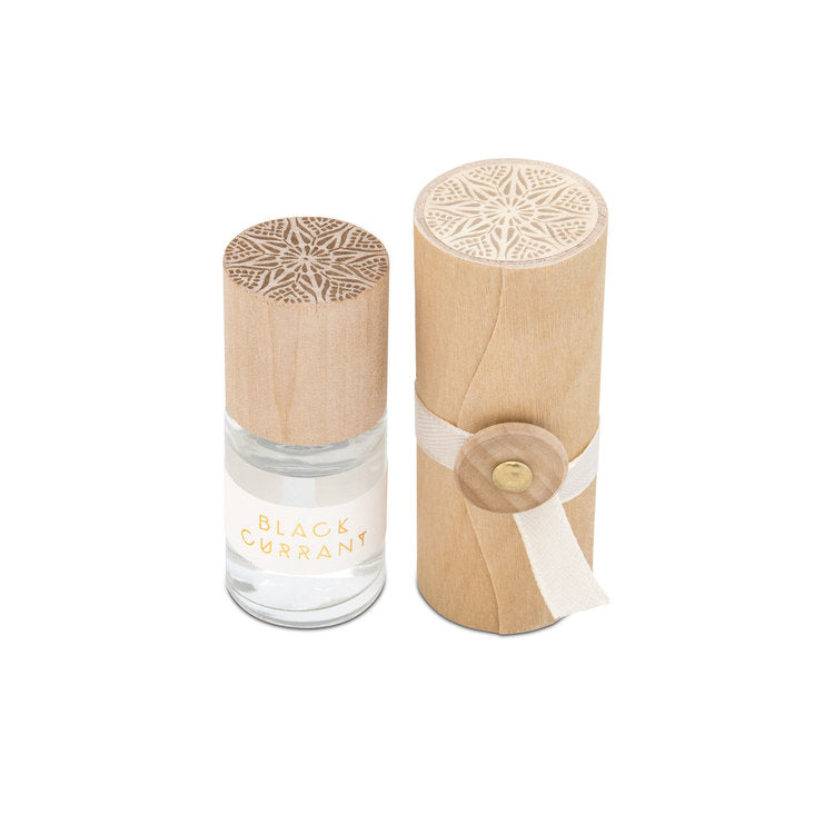 Black currant rollerball perfume bottle with carved wooden cap and clear glass base